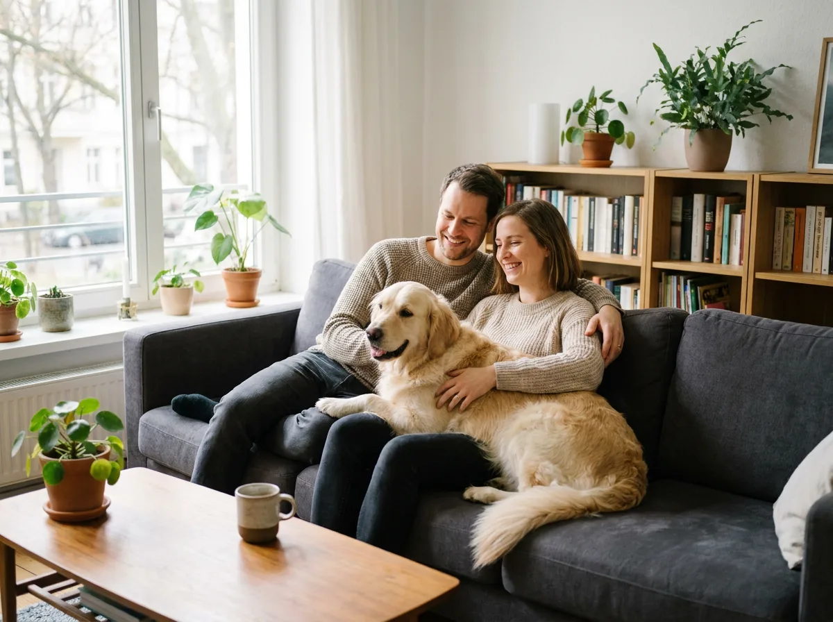Junges Paar mit Golden Retriever auf dem Sofa
