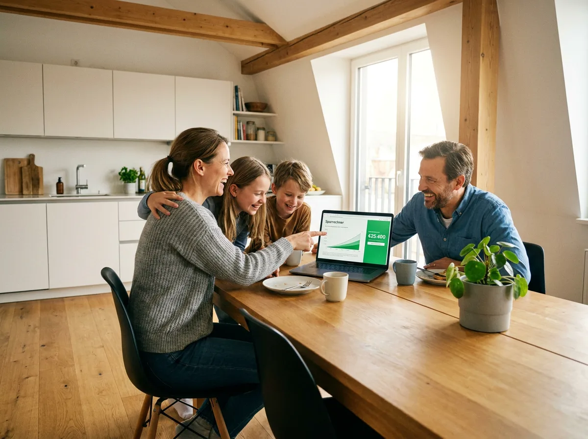 Familie schaut gemeinsam am Laptop nach Stromtarifen